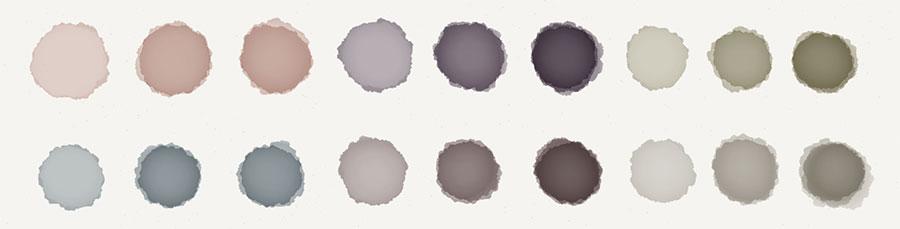 Range of grays made by mixing complementary colors and de-saturating them