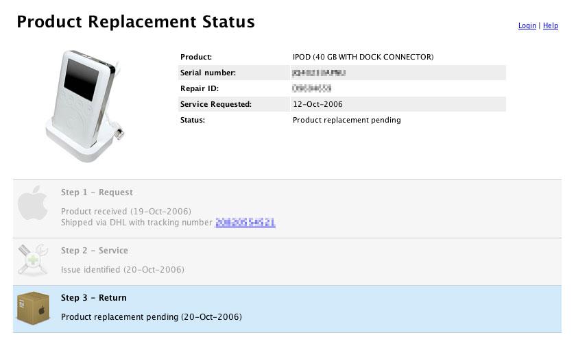 iPod battery replacement status screenshot