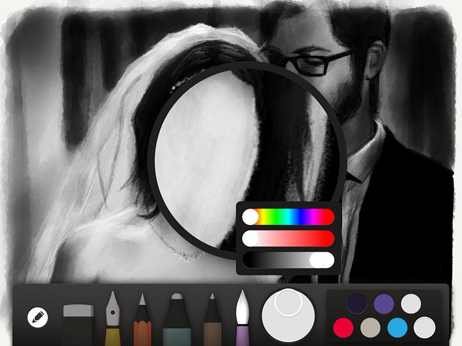 watercolor glazing in the loupe while painting a wedding portrait