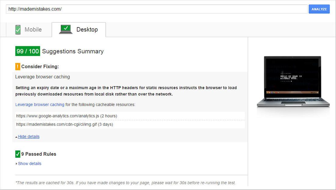Made Mistakes version 10 analyzed with Google's PageSpeed Insights tool