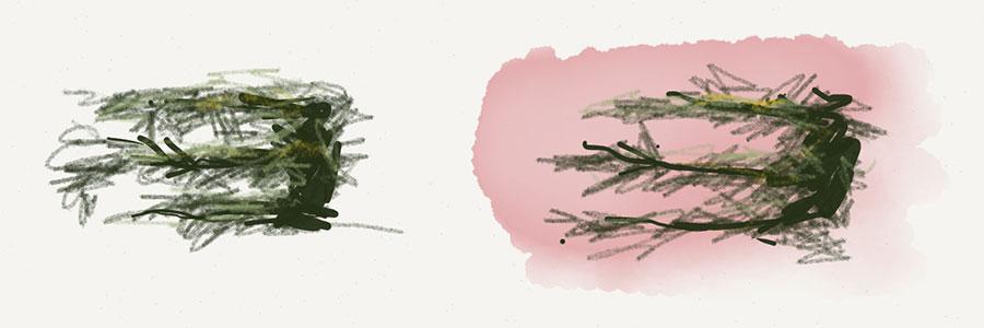 Red underpainting with green tree comparison