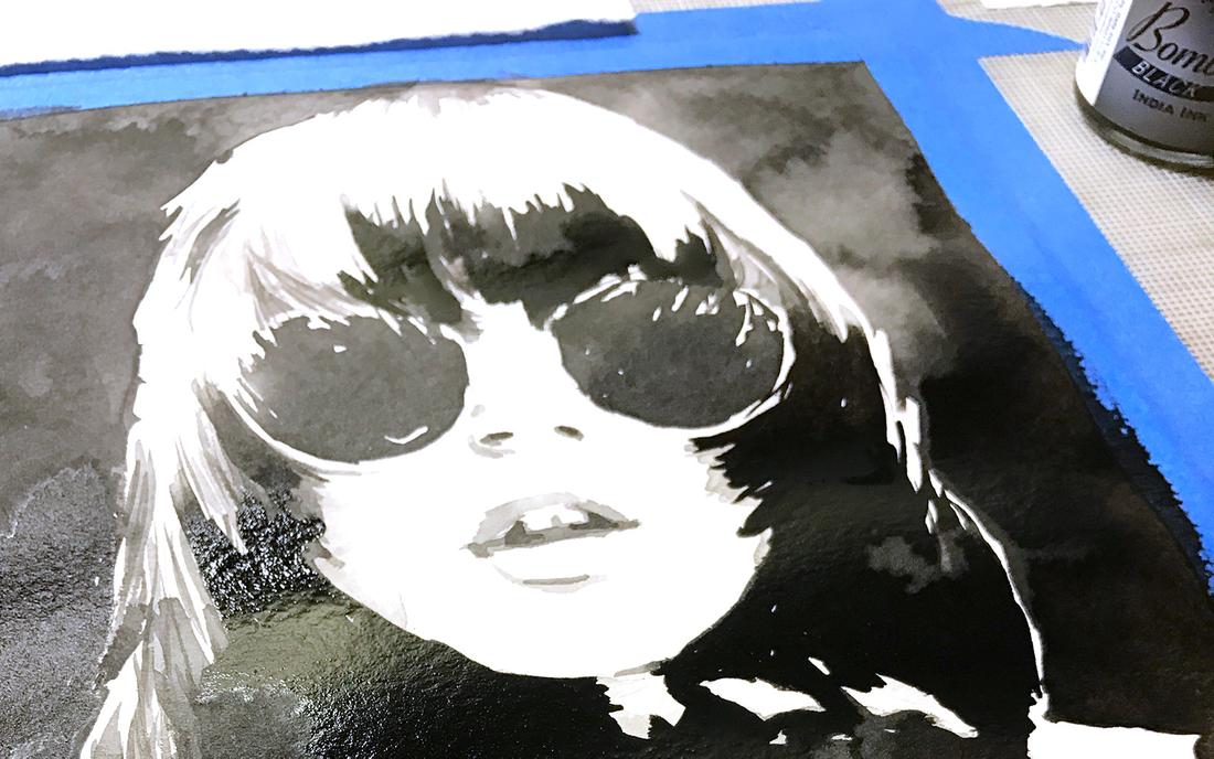 Girl in sunglasses ink wash portrait in process detail