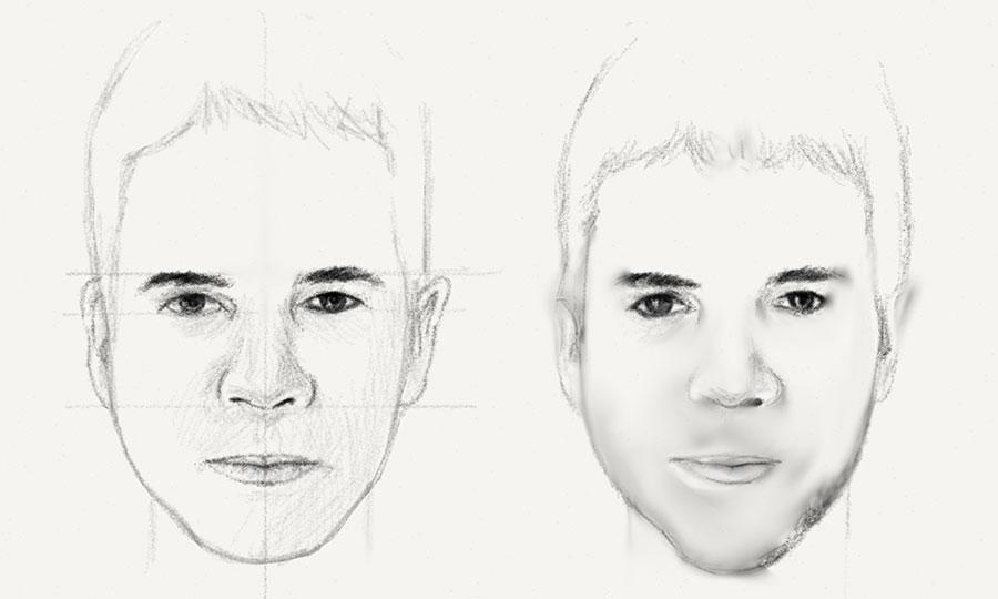 sketches of a face with lines blended to use as a guide