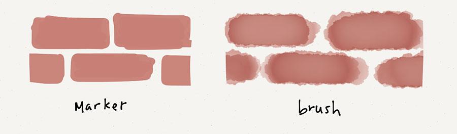 Screenshot comparing bricks painted with the marker and brush tools